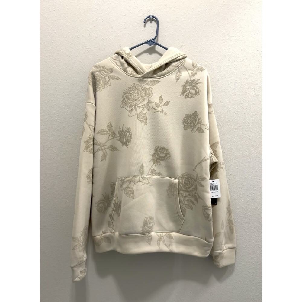 NWT Drill Social Club Rose Print Hoodie Men's Medium Ecru Flocked Fleece